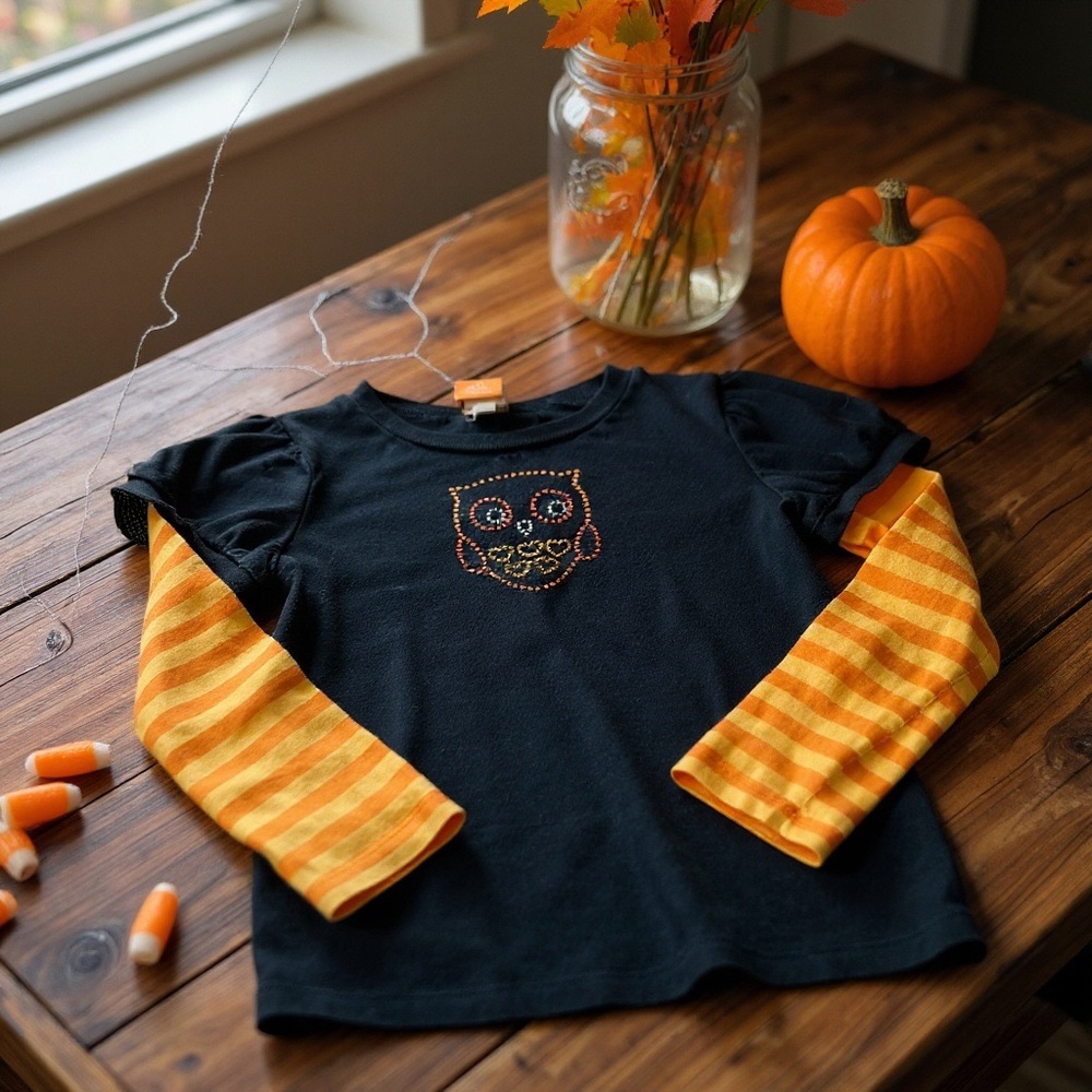 Halloween Black and Orange Striped Kids Shirt with Owl Design
